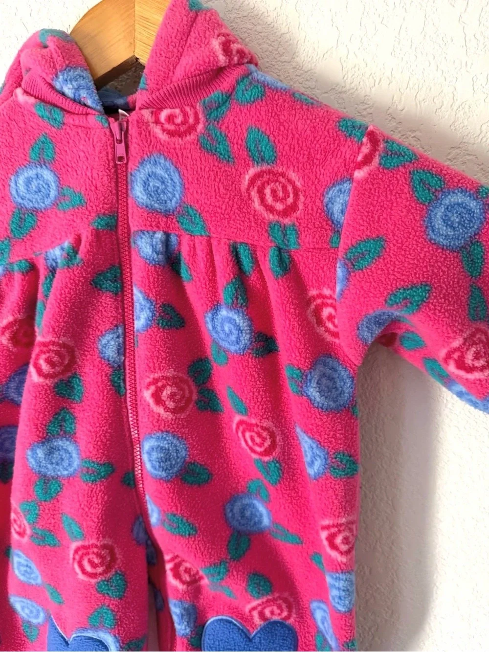 Vintage 90s Gymboree Winter Rose Fleece Hooded Jumpsuit Pink Blue roses